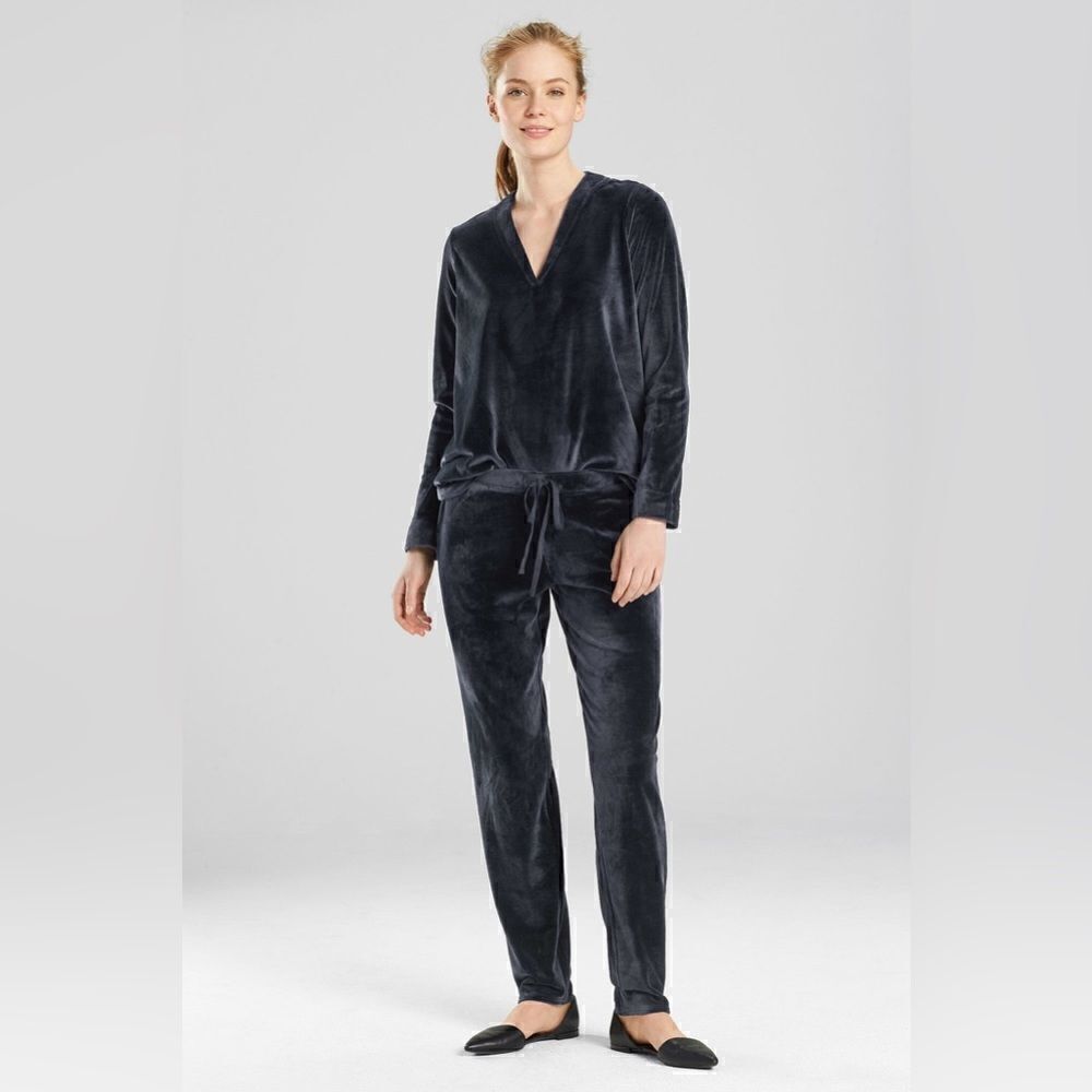 Natori Navy Velour Solid Pants L Lounge Casual Pockets Elastic Waist